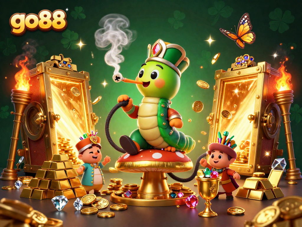 Experience thrilling games at go88 with a whimsical illustration showcasing a lucky caterpillar blowing poker symbols.