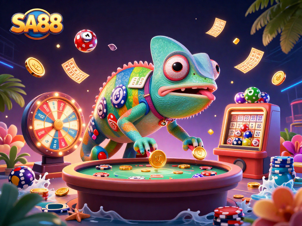 Engaging SA88 casino scene with a chameleon owner, colorful lottery balls, and vibrant game elements.