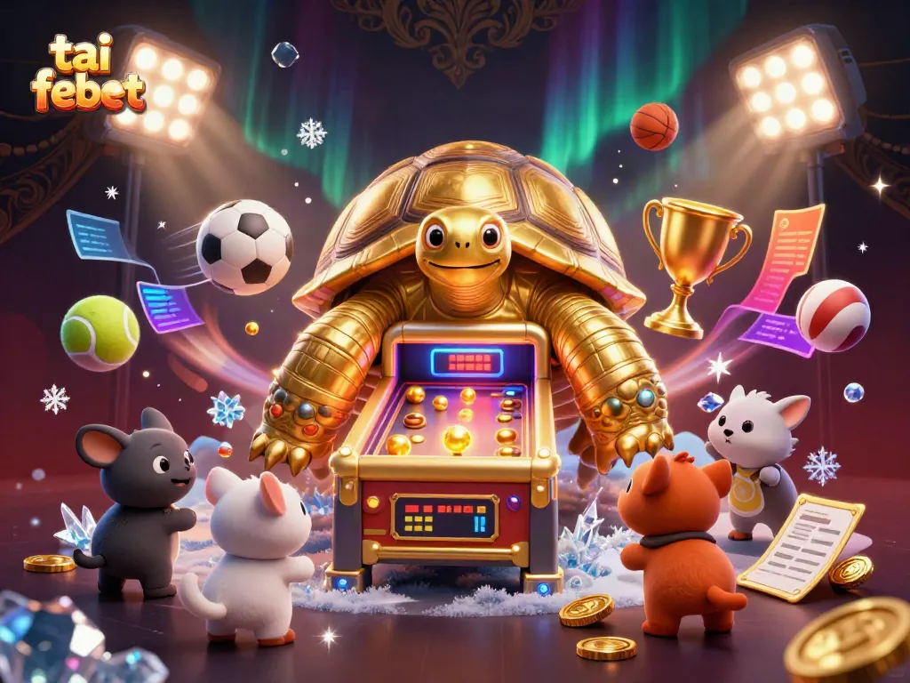 Experience the excitement of tai febet with a dynamic gambling-themed illustration featuring a colossal tortoise machine.