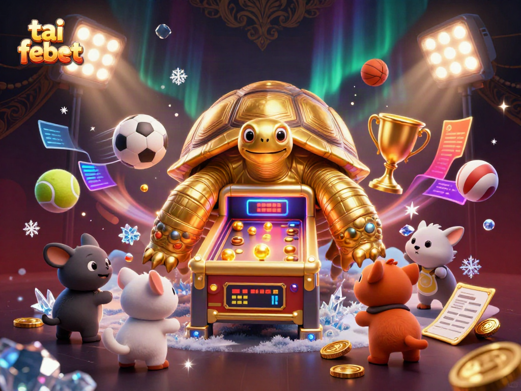 Experience the excitement of tai febet with a dynamic gambling-themed illustration featuring a colossal tortoise machine.