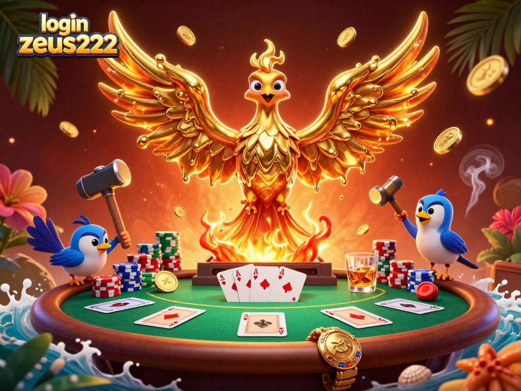 Win big with login zeus222 as molten gold phoenix reigns over poker chips and cards.