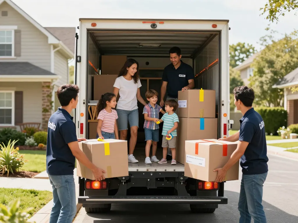 Umzugsunternehmen Hannover hilft einer Familie beim Umzug in ein neues Zuhause mit professionellen Umzugshelfern und einem organisierten Umzugswagen.