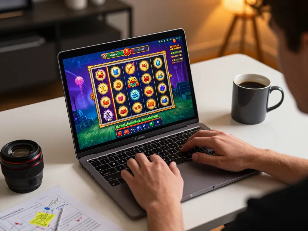 Enjoying an exciting jus77 online slot game while managing strategy notes in a cozy workspace.