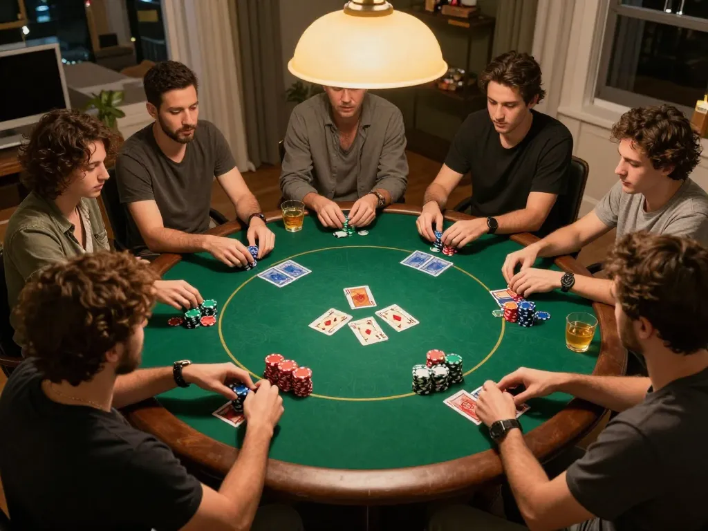 Pemain menikmati permainan poker sosial di rumah, merasakan kegembiraan rokok88 dalam suasana yang nyaman.