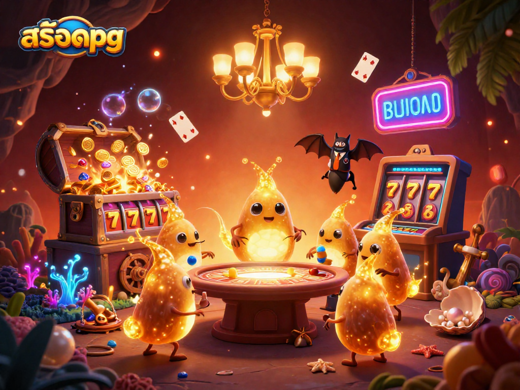 Experience the excitement of สล็อตpg in an animated cave casino lit by glowworms
