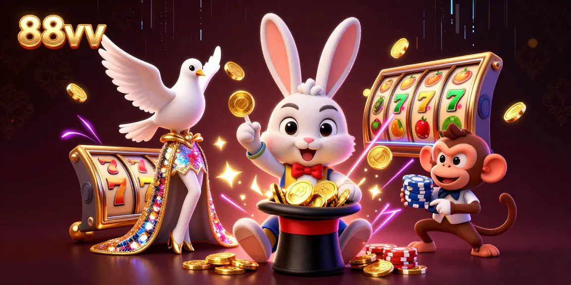 Spin the reels with 88vv's thrilling slots, featuring golden coins and vibrant casino elements.