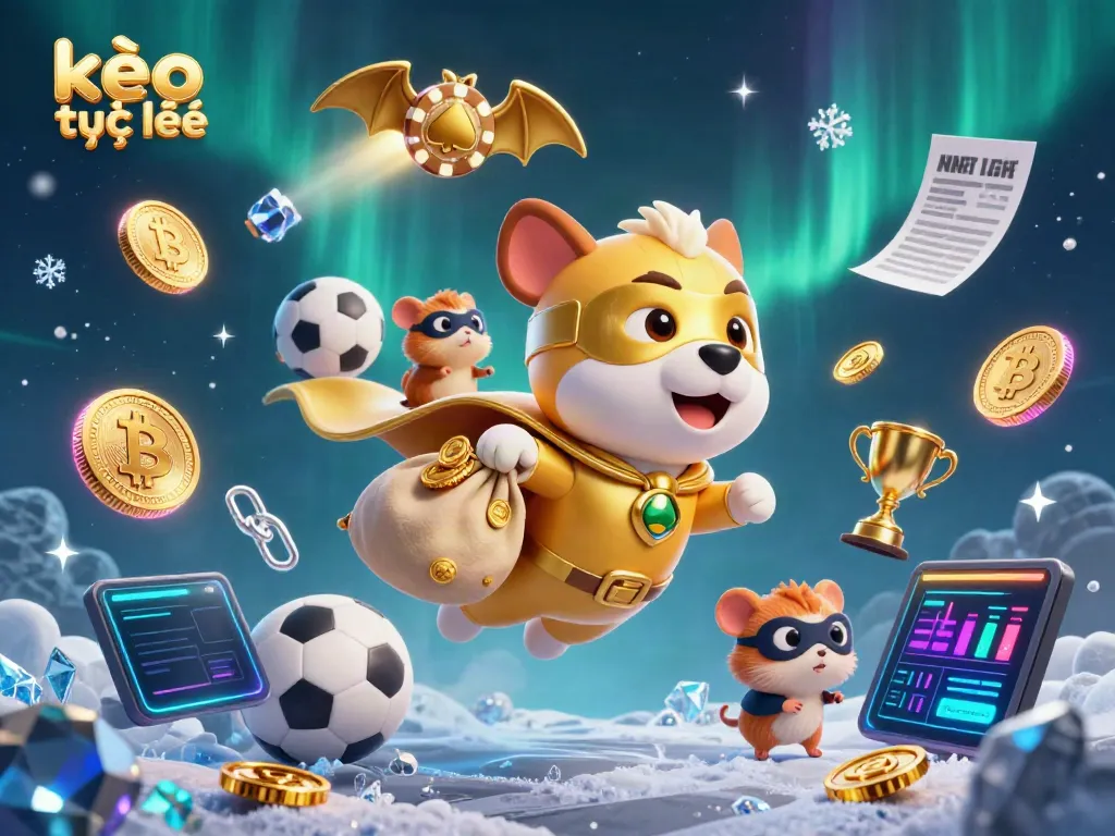 Place your bets with kèo trực tuyến as a superhero dog flies with coins, sports elements, and crypto vibes.