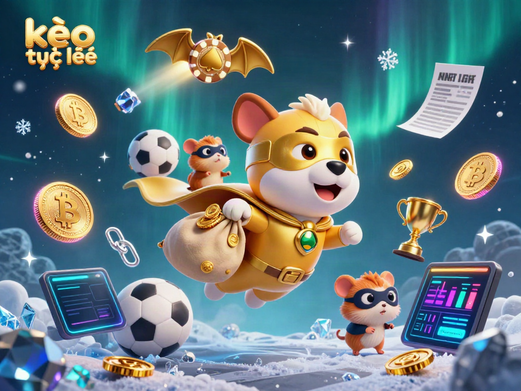 Place your bets with kèo trực tuyến as a superhero dog flies with coins, sports elements, and crypto vibes.