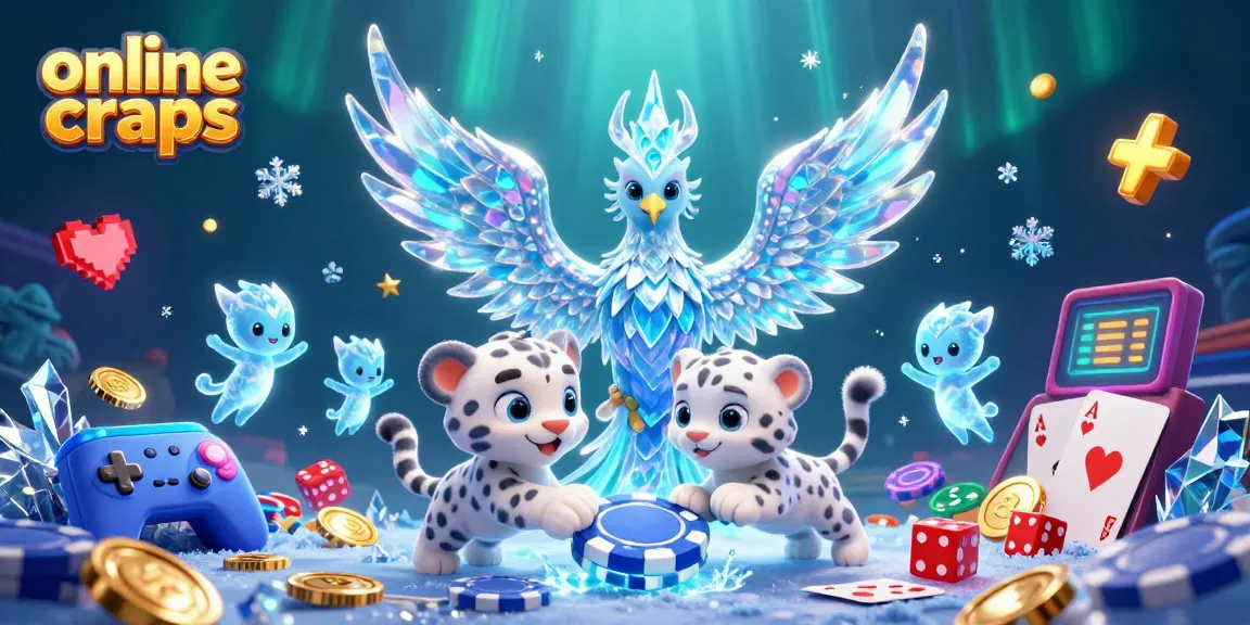 Engage in online craps amidst an enchanting scene of a dancing ice phoenix, snow leopard, and glowing sprites.