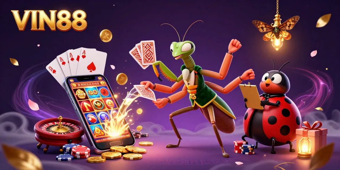 Experience the excitement of VIN88 with vibrant characters engaged in dynamic gambling activities, highlighting casino elements.