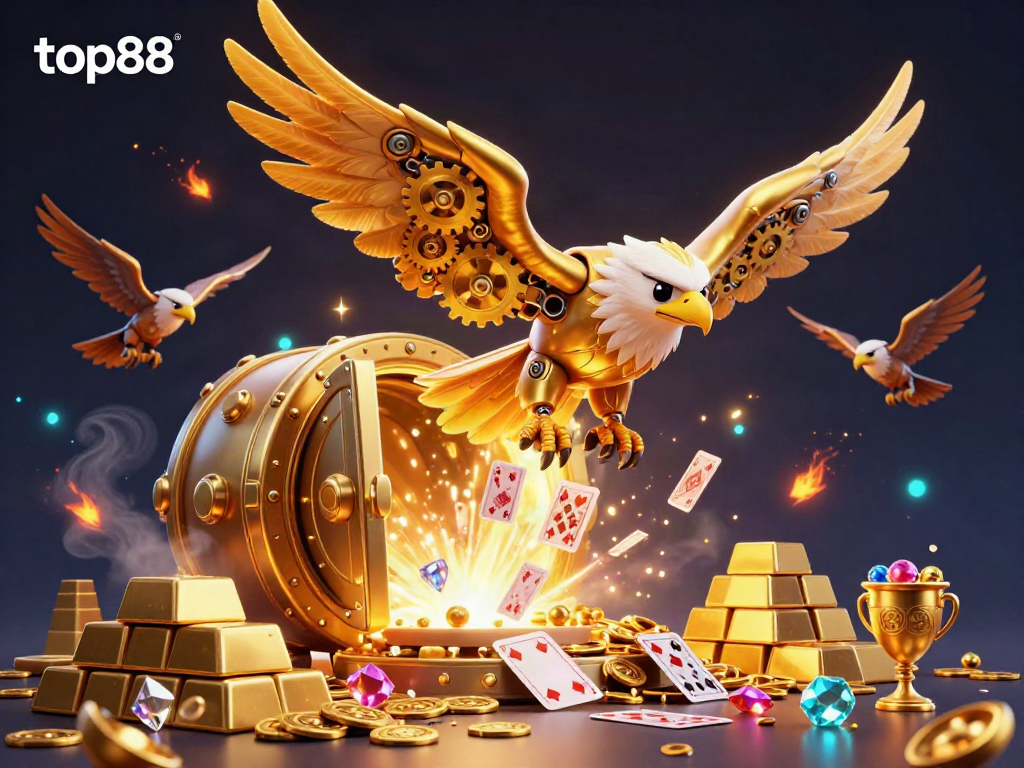 Experience thrilling gameplay on top88 with a cybernetic eagle and treasures from the casino world.