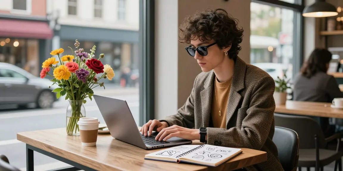 Stylish individual showcasing modern style while working creatively in a vibrant coffee shop.