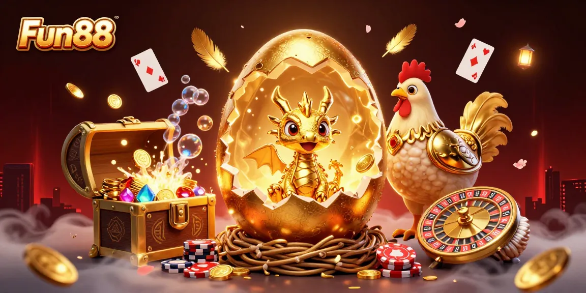 Experience thrilling Fun88 casino excitement with a golden dragon and poker chips in this vibrant illustration.