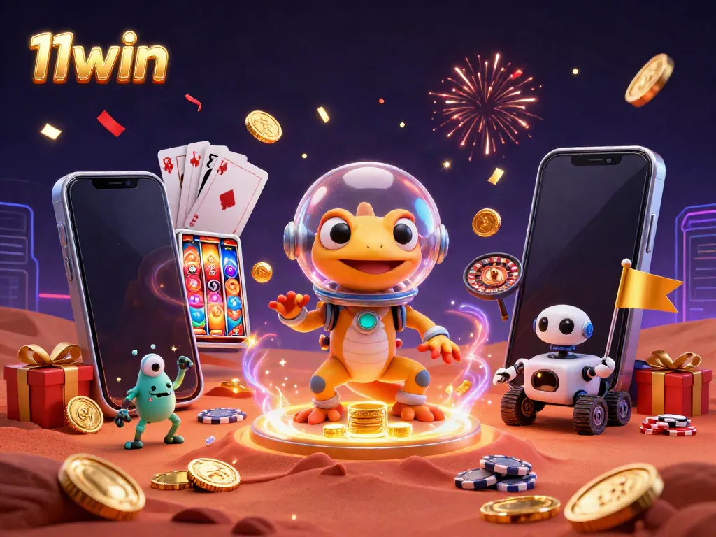 Engage in dynamic casino fun with 11win's vibrant space-themed illustration featuring Martian characters.