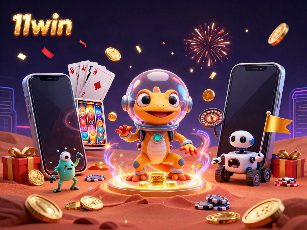 Engage in dynamic casino fun with 11win's vibrant space-themed illustration featuring Martian characters.
