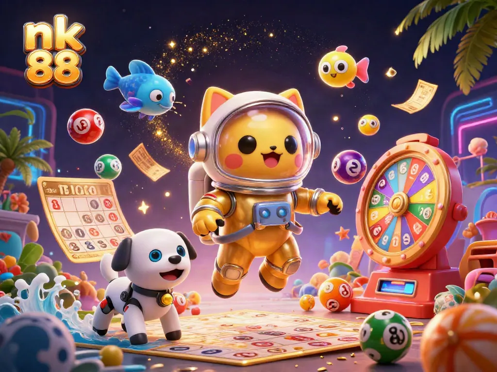Engage with nk 88's vibrant lottery scene showcasing action-packed numbered balls and fun alien elements.