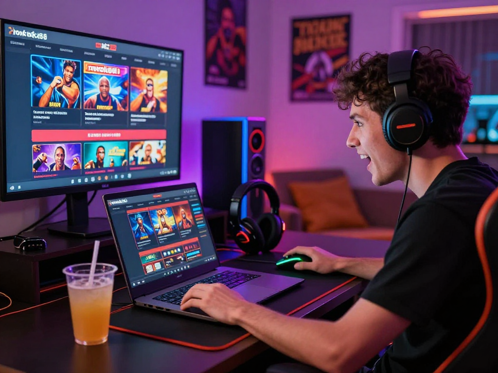 Engaged gamer enjoying a rokok88 online casino experience with vibrant atmosphere and gaming accessories.