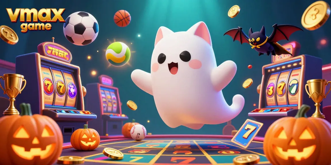 Engage in vmax game with a vibrant casino scene featuring a ghost cat, sports balls, and dynamic gaming elements.