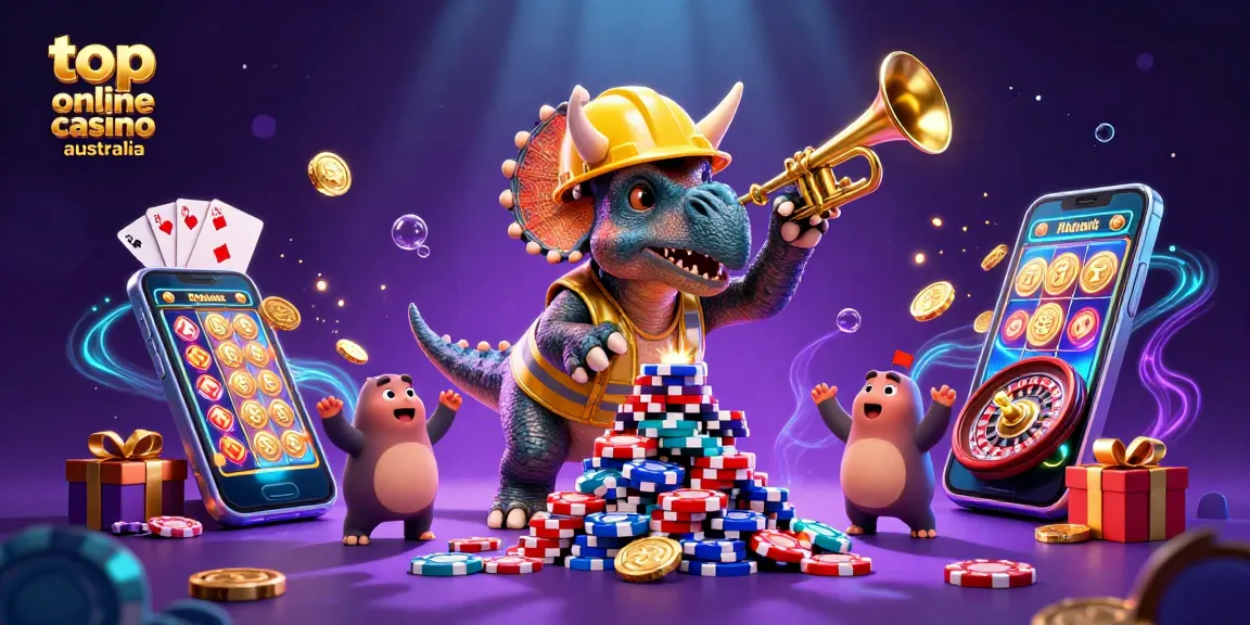 Experience the excitement of top online casino australia with vibrant illustration of a triceratops and casino elements.