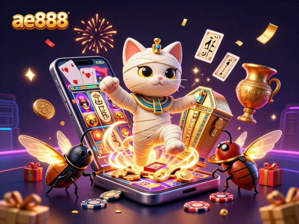 Engage with ae888's thrilling pyramid casino featuring a mummy cat, glowing scarab, and hieroglyph cards.