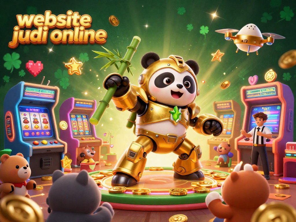 Mainkan slot seru di website judi online dengan robot panda emas dan mesin arcade berkilau.