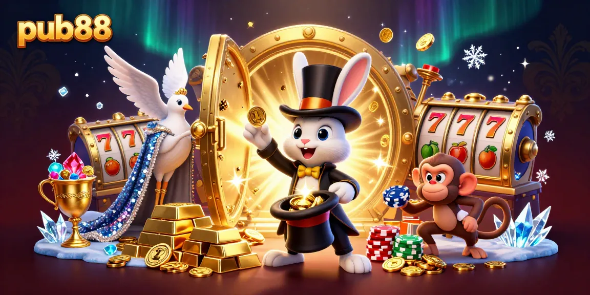 Engage with pub88's casino magic, featuring a magician rabbit amidst a bustling gaming scene.