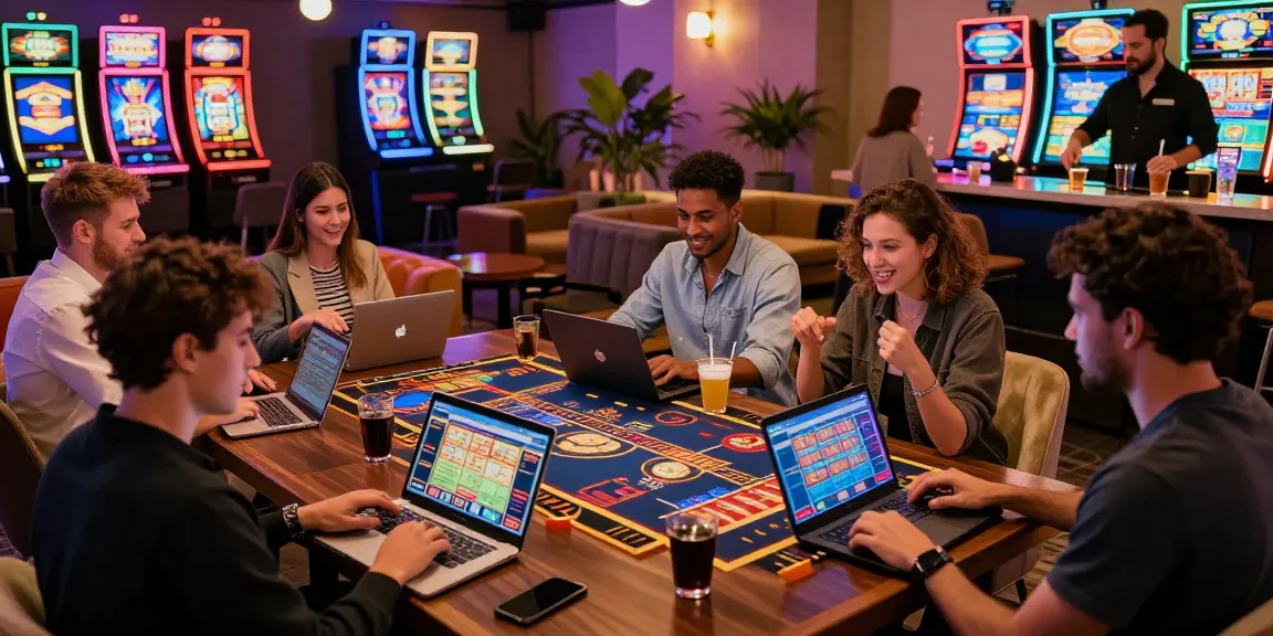 Players enjoying games at a lively non UK casino with vibrant lights and engaging atmosphere.