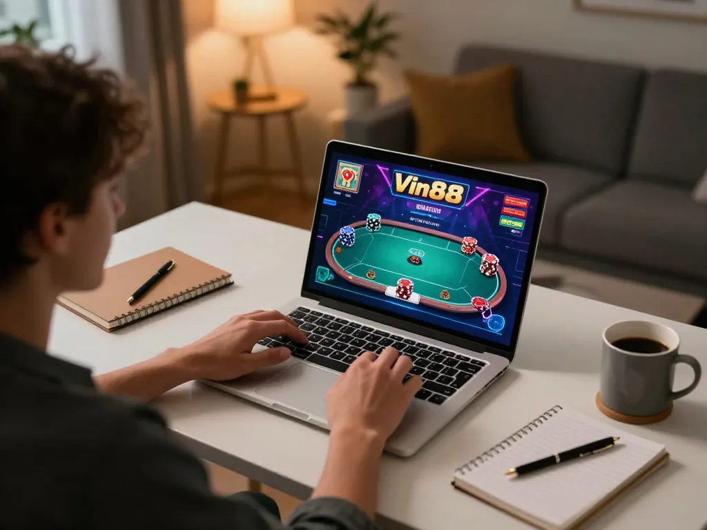 Player enjoying Vin88 poker game online on laptop in cozy home setup with ambient lighting