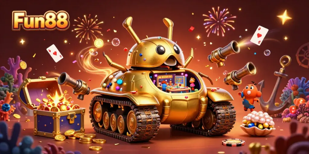 Experience Fun88's vibrant casino world with a golden beetle tank and gems.