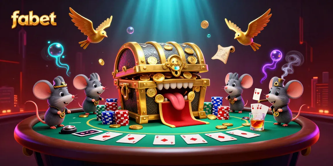 Fabet showcases a vibrant 3D casino scene with an animated treasure chest and poker elements.