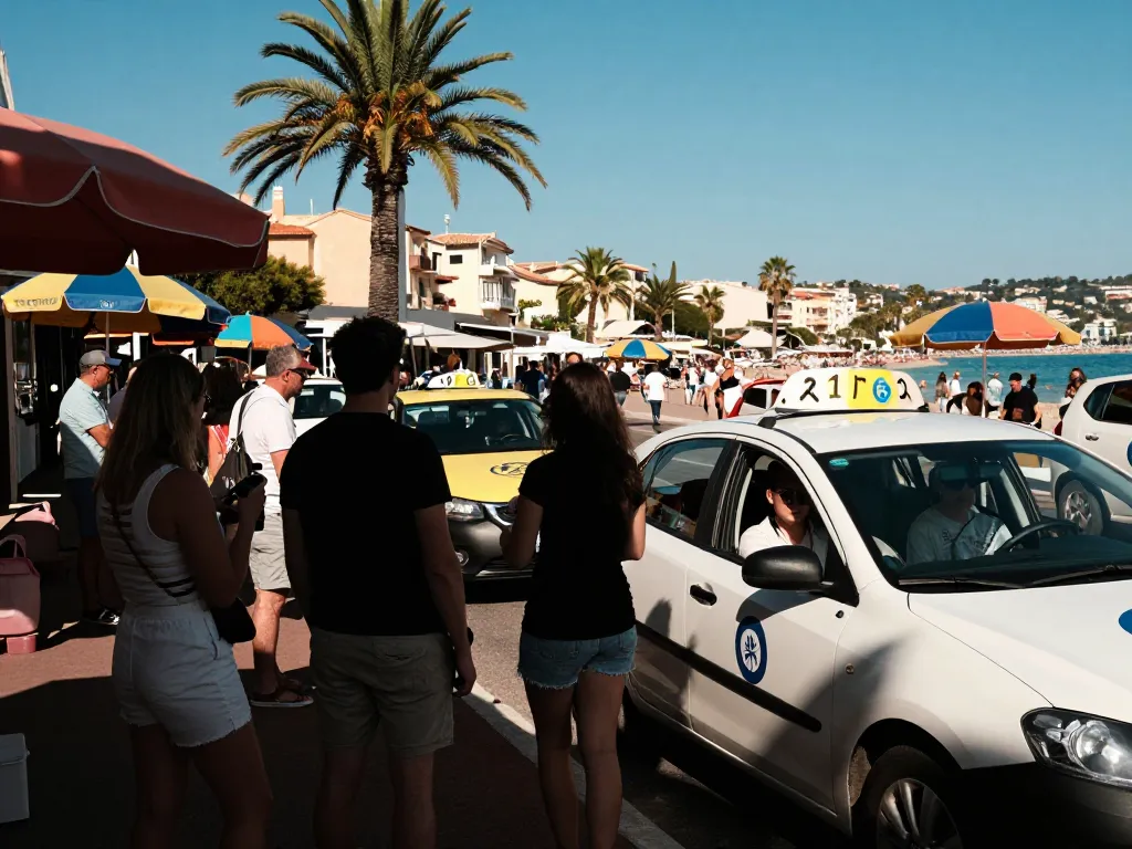 Service de Taxi Saint Tropez à un stand animé avec des touristes et des attractions locales mettant en avant l'activité estivale dynamique.