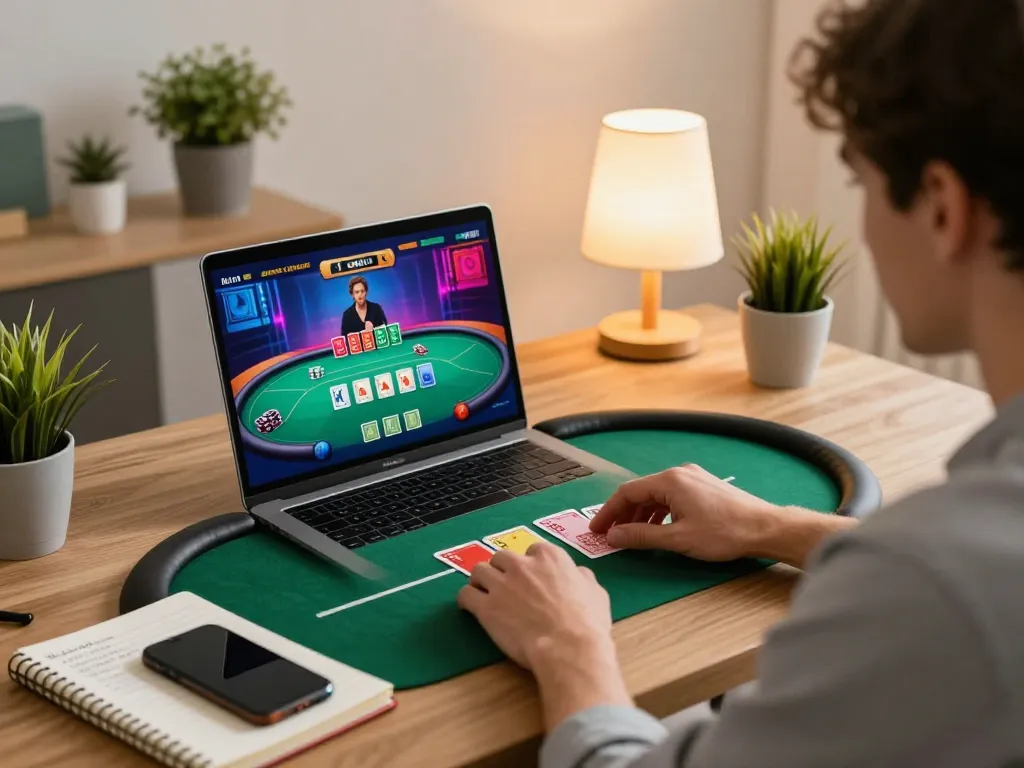 Player engaging in online poker strategy on laptop, showcasing 78WIN COM gaming setup.