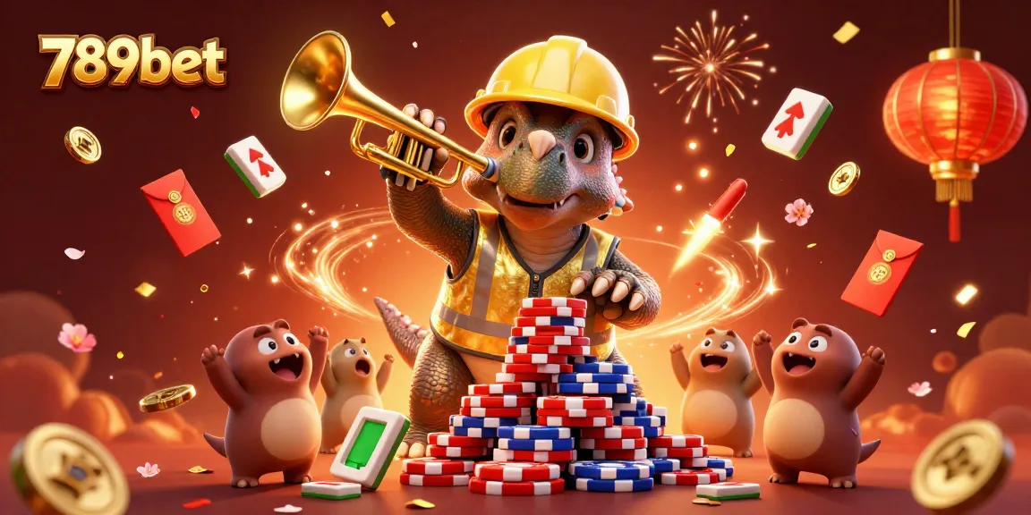 See 789bet's unique gaming experience with a triceratops building poker chips amidst lively celebrations.