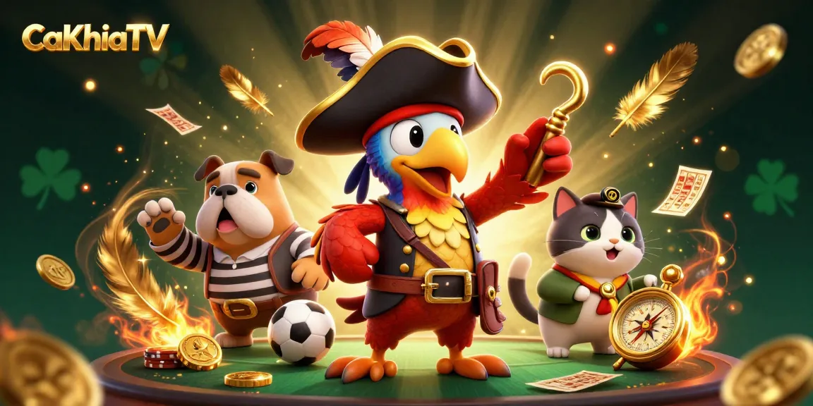 Engage with CaKhiaTV betting excitement showcasing cartoon pirate characters amidst vibrant casino elements.