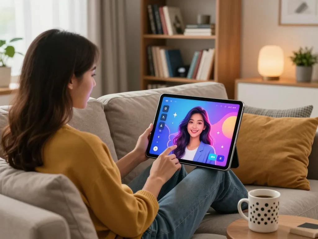 Interactive AI gf experience in a cozy living room with tablet interface.