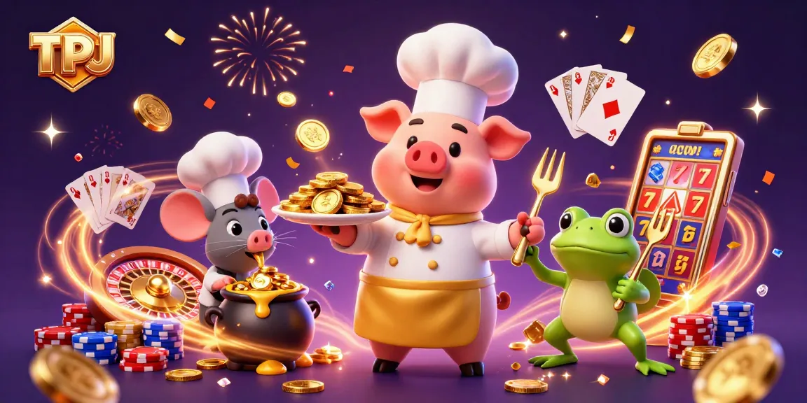 Celebrate gaming success with TPJ as a chef pig serves gold coins in a rich casino scene.