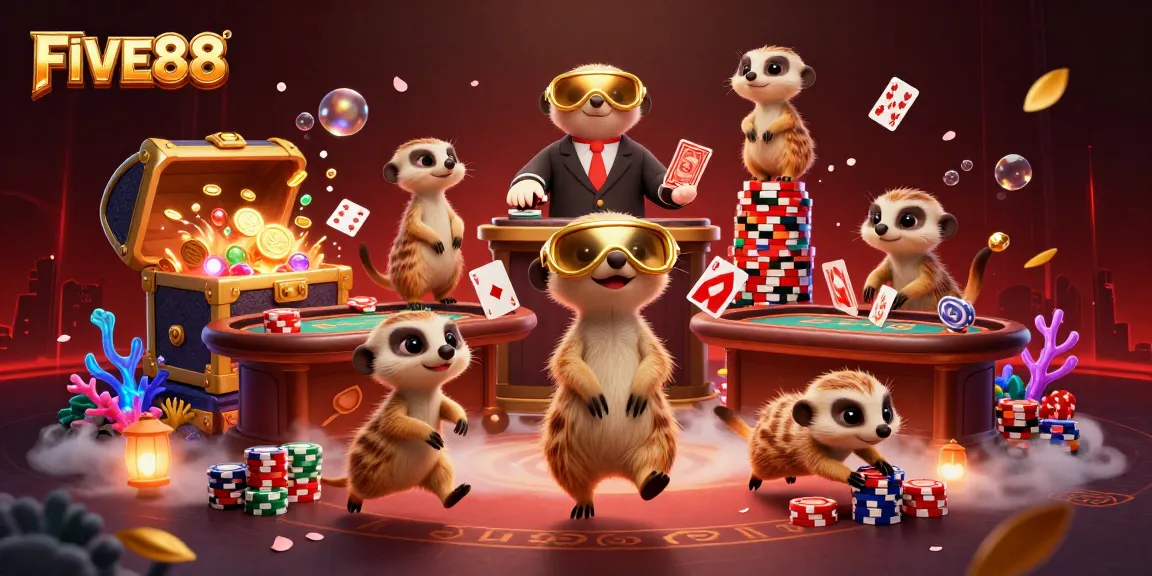 Experience the excitement of FIVE88 Casino with animated meerkats managing games and excitement.