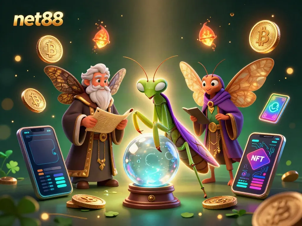 Experience net88's vibrant gaming world with this captivating digital illustration featuring fortune tellers and digital currency.