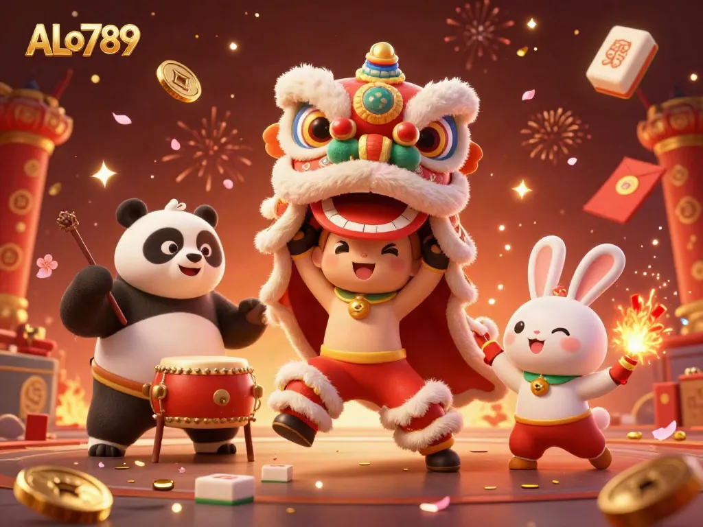 Engage in thrilling ALo789 cockfighting action with a 3D lion dance scene and vibrant casino elements.