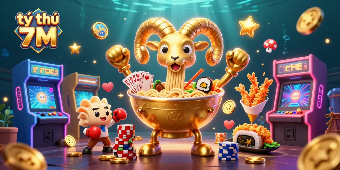 Bet on tỷ lệ 7M with a colorful 3D illustration showcasing a giant ramen bowl, sushi dealer, and dynamic gaming elements.