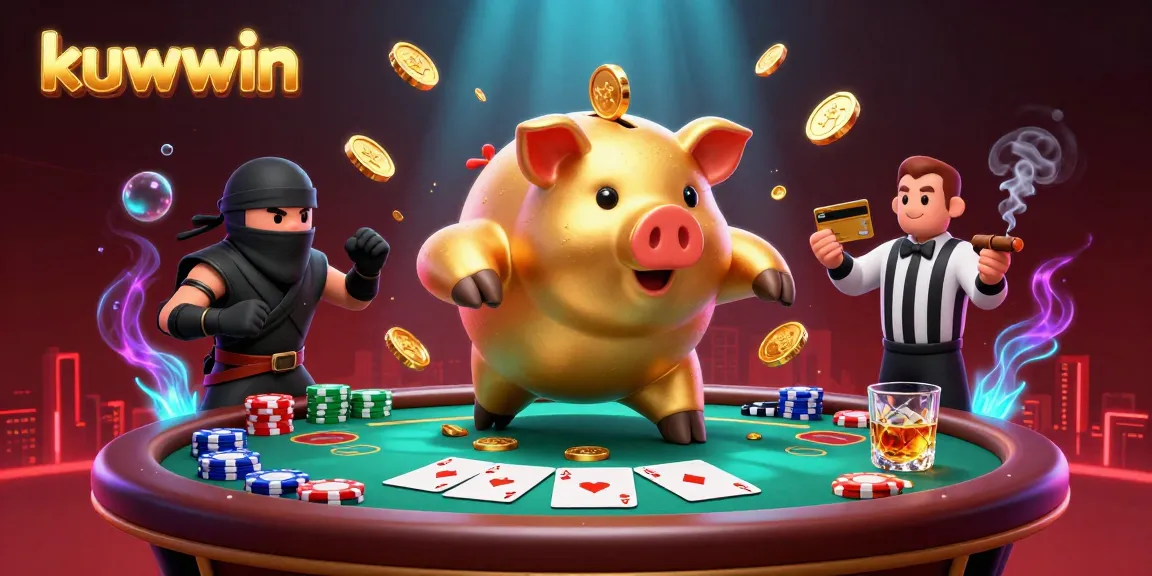 Kuwin gamers excel with winnings at a lively casino scene, showcasing vibrant poker elements and a sumo wrestler.