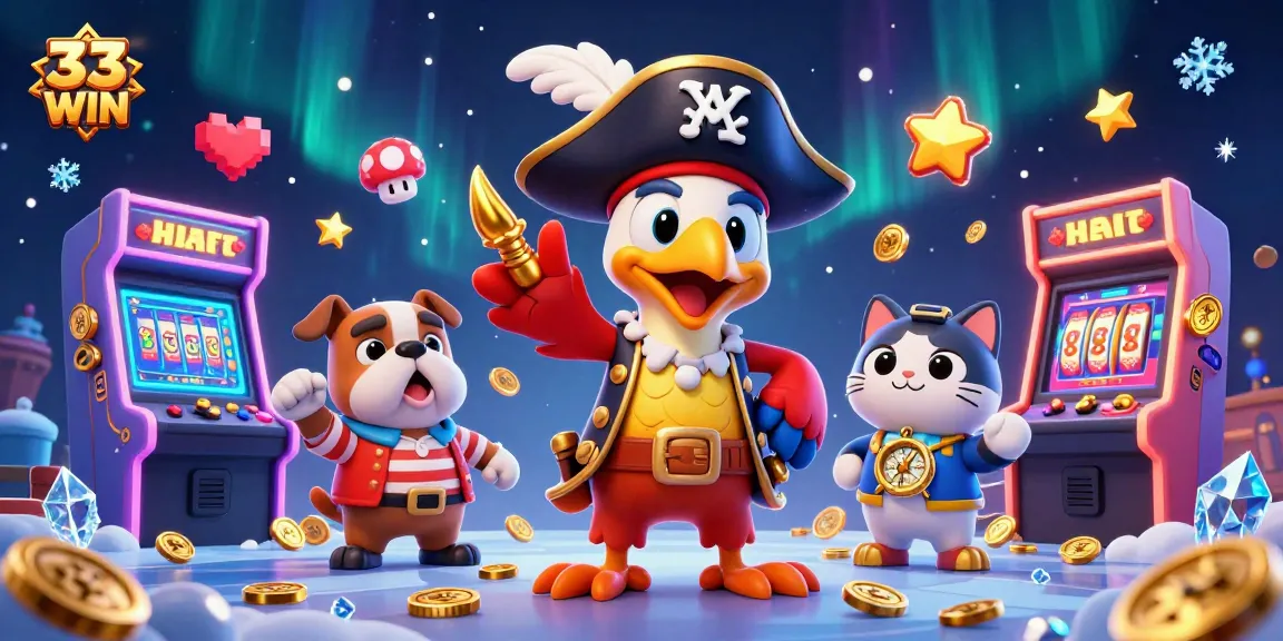 Join the fun at 33 WIN with a lively casino scene featuring colorful gaming elements and characters.