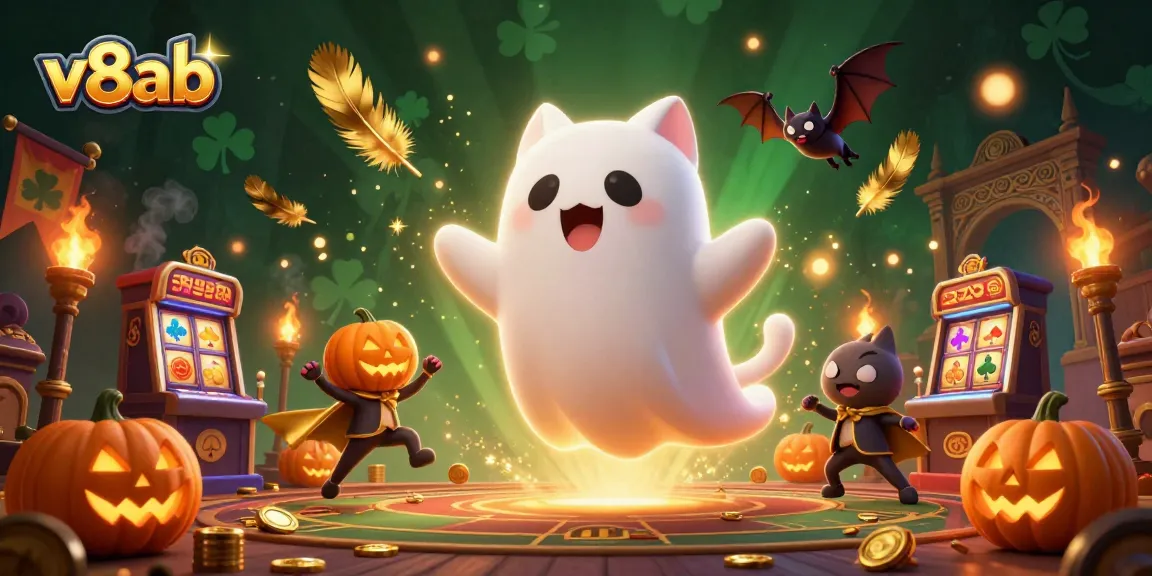Engage with thrilling games at v8ab's dynamic haunted casino scene featuring ghost cat and bat companions.
