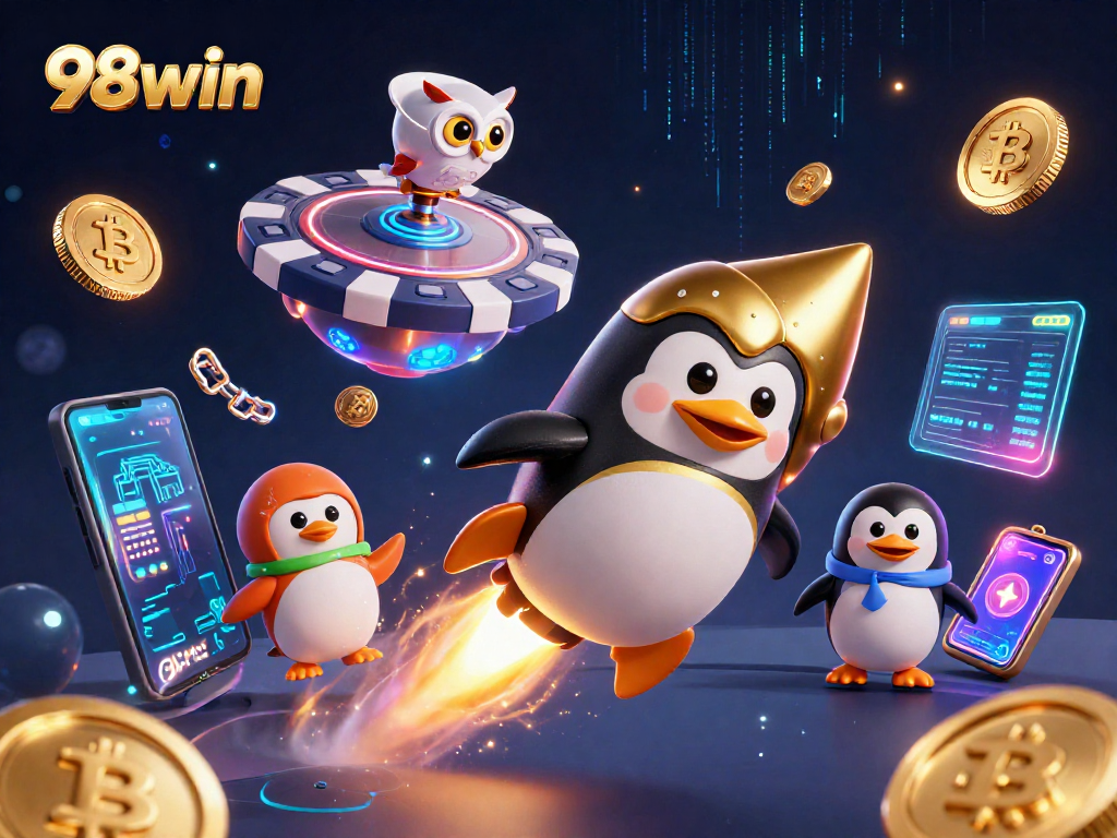Engage with the thrilling universe of 98win, where a golden penguin rocket journeys through a casino-themed cosmos.