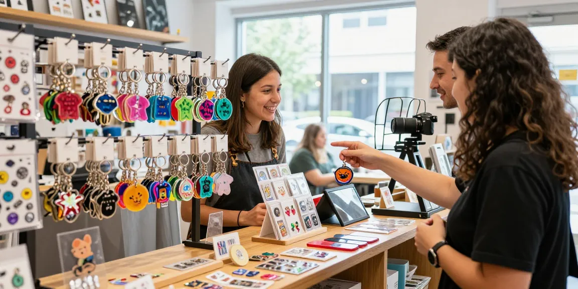 Customer exploring custom keychains at a vibrant retail shop displaying unique designs and options.