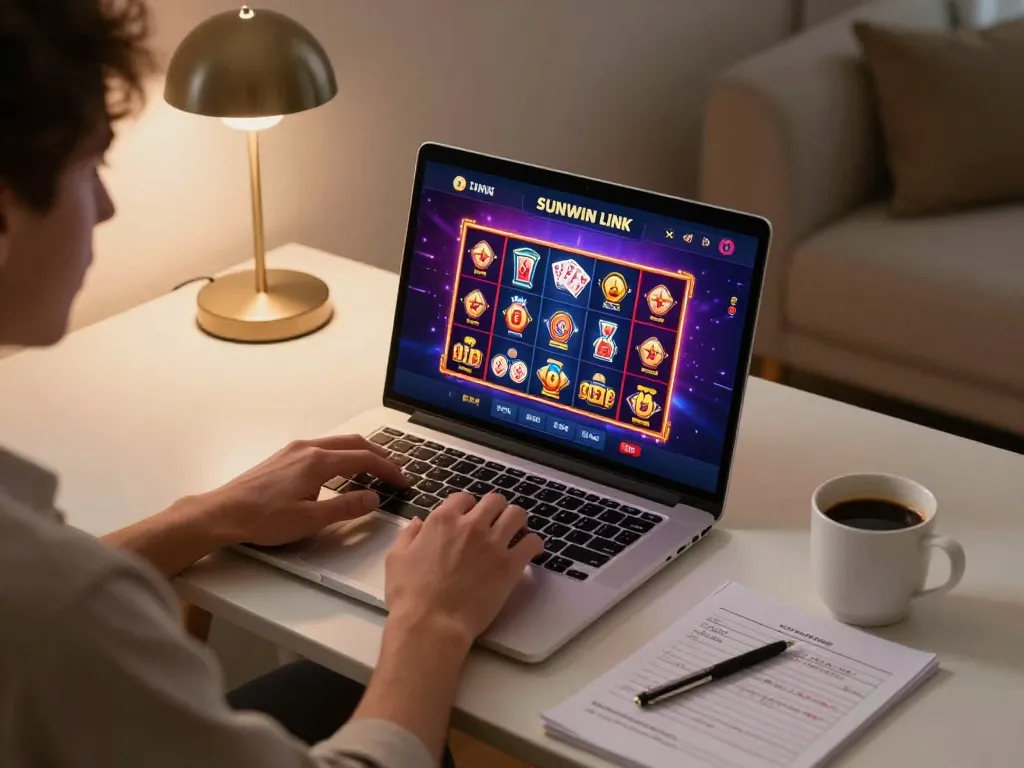 Engaging online casino session with SUNWIN LINK interface on laptop in cozy home setting.