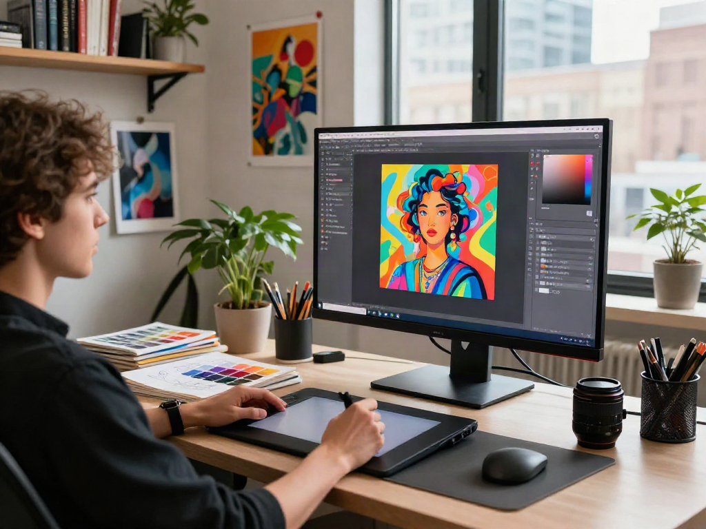 Artist using an ai image generator from image in a vibrant digital art studio workspace, creating stunning visuals.