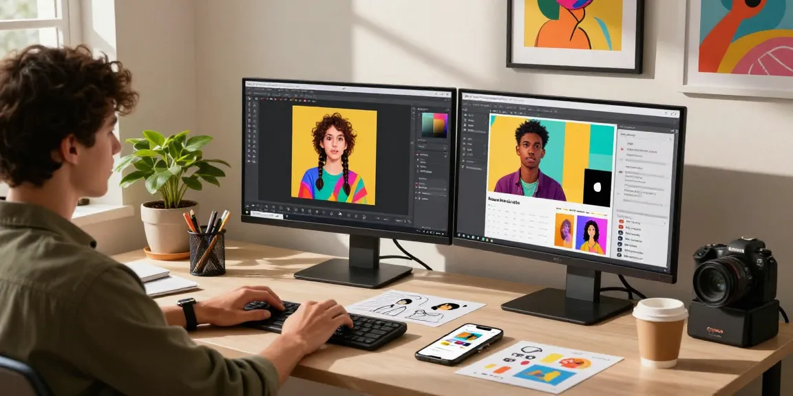 Engaged user utilizing nano banana 2 AI image editor in creative workspace, surrounded by vibrant AI-generated visuals.