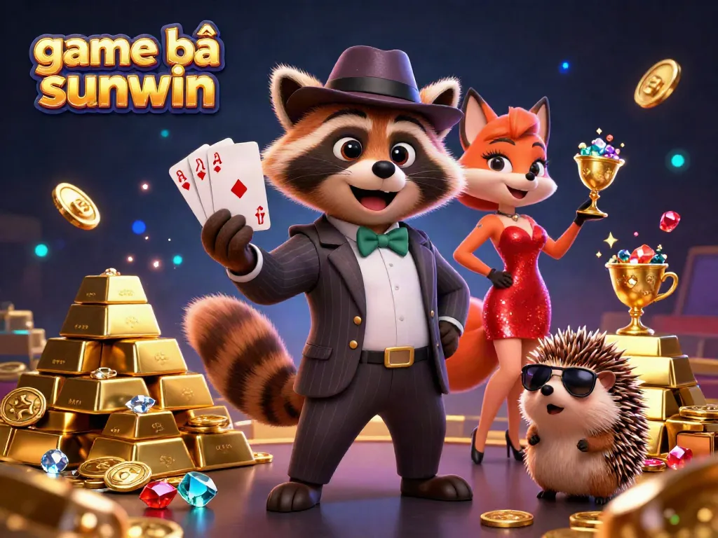 Engage with game bài sunwin in this vibrant 3D casino scene showcasing a suave raccoon, stylish fox lady, and hedgehog bouncer amidst treasures.