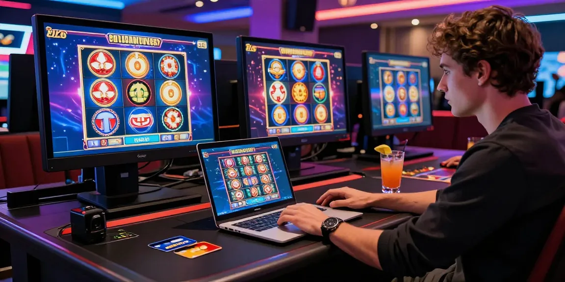 A stylish gamer at a laptop in a vibrant casino scene, showcasing credit card options at https://troyuk.co.uk for online gambling.